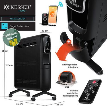 Електричний конвектор KESSER ECO 2500Вт з WiFi, термостатом, сенсорним дисплеєм, таймером, чорний, енергоощадний радіатор з додатком та пультом ДУ