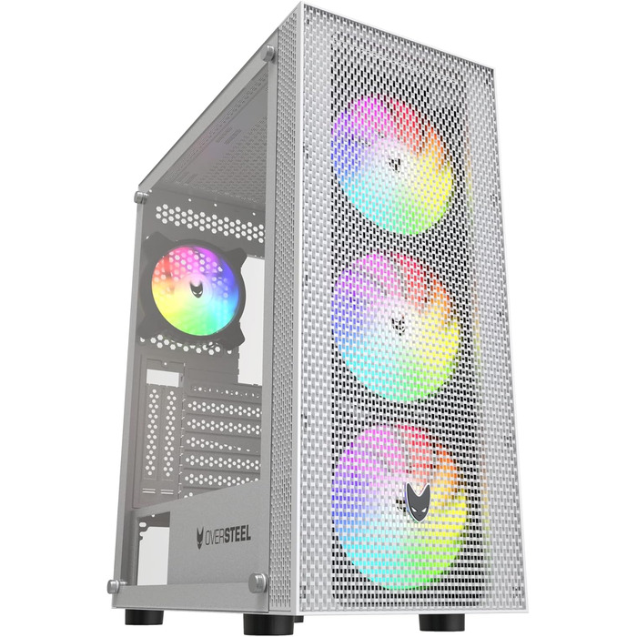 Oversteel Azurite ігровий корпус для ПК, білий, ATX/Micro ATX/ITX, 4 вентилятори 120 мм A-RGB, сітчаста передня панель, загартоване скло, USB 3.0, вертикальний монтаж