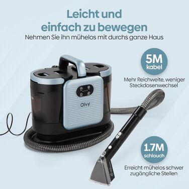 Olvy Teppichreiniger PRO: професійний пароочисник для килимів та м'яких меблів, 1650W. Включає миючий засіб. Підходить для чищення диванів, матраців та оббивки.