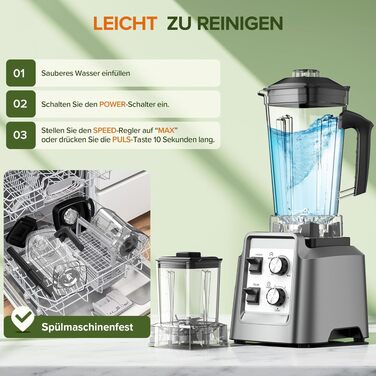 Блендер Teendow Standmixer 1800W зі скляною колбою 2л + кавомолка 600мл, срібний. Для смузі, льоду та заморожених фруктів, без BPA