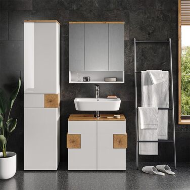 Високий шафа для ванної Vicco Eden, білий глянець/дуб Артизан, 40x184,2 см, 2 двері, шухляда