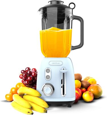 Блендер Cecotec Retro Power Black Titanium RetroBlue, 1200 Вт, 1,5 л, скляна чаша, 4 леза з титановим покриттям, мідний мотор, регулювання швидкості