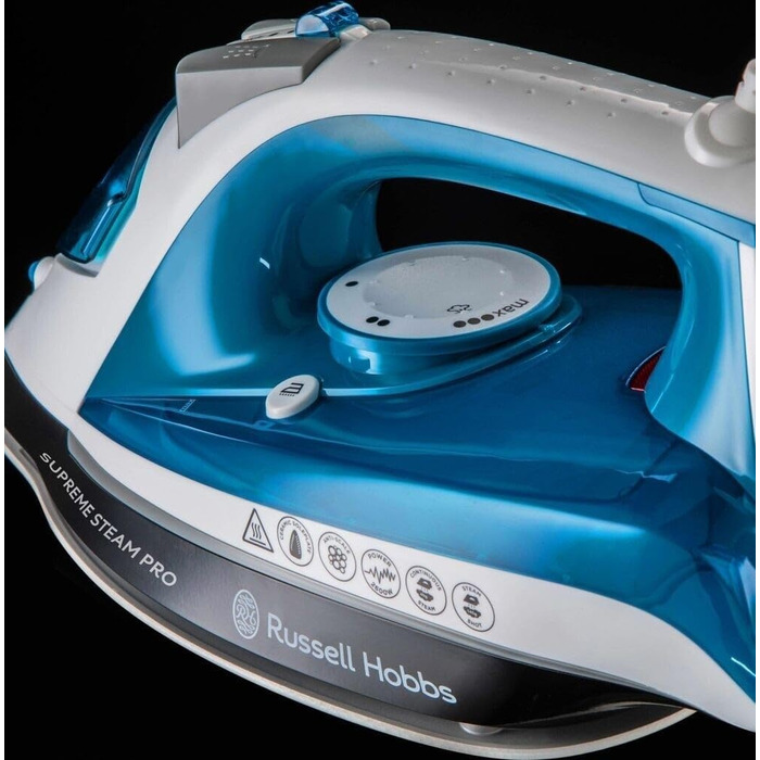 Паровий праска Russell Hobbs 23971-56 Supreme Steam Pro, керамічна підошва, потужність 2600 Вт, з функцією потужного парового удару, синій/білий