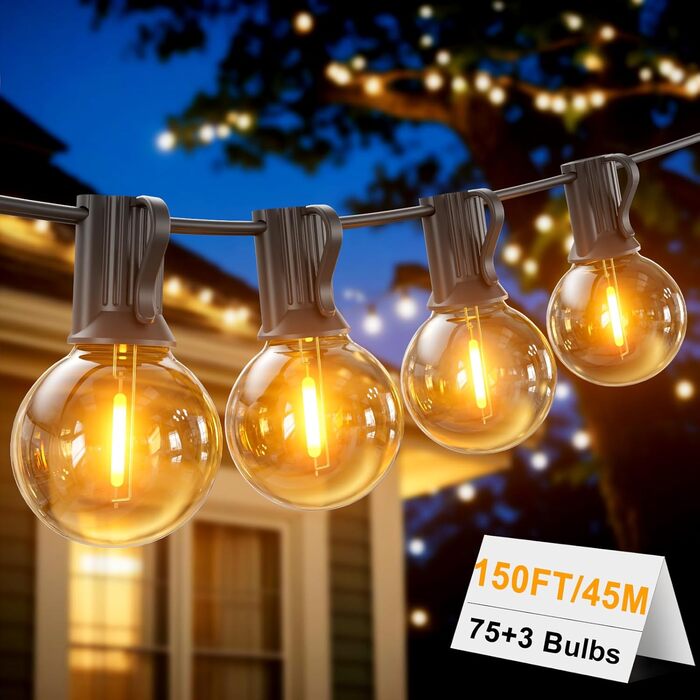 Ланцюжок прикрас для вулиці на струмі з 25+2 LED-лампочками G40, 2700K, тепле біле світло, IP65, вологостійкий, для саду, тераси, вечірок (чорний, 45 м)