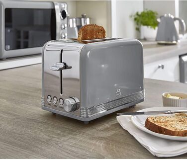 Тостер Swan Retro ST19010GRNEU на 2 скибки, широкий слот, вінтажний дизайн, 3 функції (розморожування, підігрів, скасування), 6 режимів, нержавіюча сталь, сірий, 815 Вт