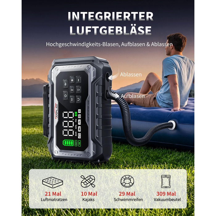 Пусковий пристрій (бустер) для авто 8000A з компресором 160 PSI та Powerbank, чорний