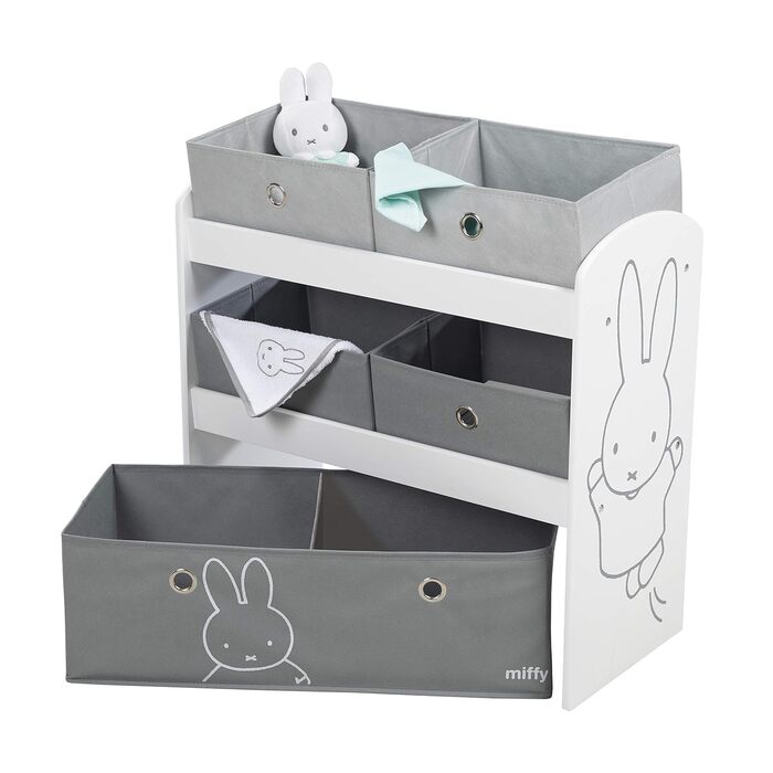 Дитячий ігровий стелаж roba miffy® з 5 сірими тканинними ящиками, білий дерев'яний органайзер з кроликом для іграшок у дитячу кімнату для хлопчиків і дівчаток