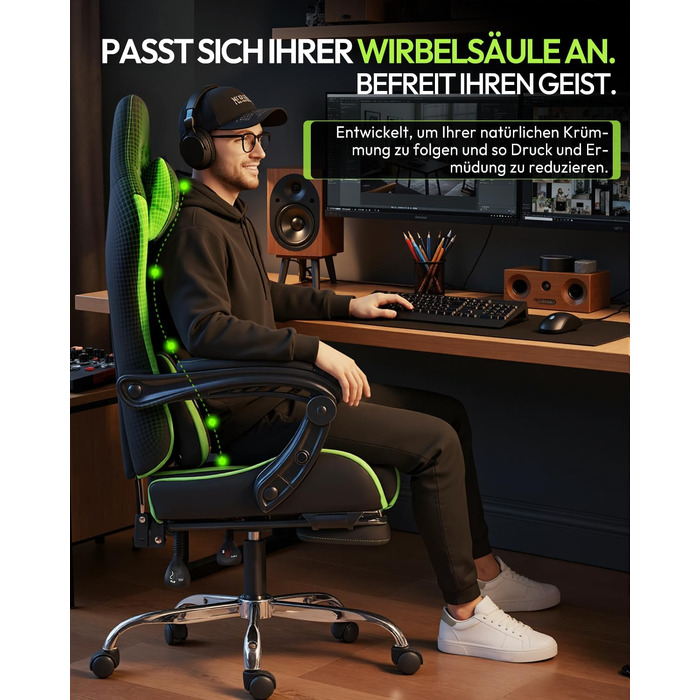 Ігрове крісло Dowinx Ergonomic Gaming Chair з підставкою для ніг, регульованими підлокітниками, навантаження до 150 кг, колір Зелений Pro