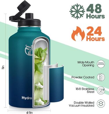 Термофляга HydroPal 1200мл із нержавіючої сталі, BPA-free, вакуумний термос для спорту та подорожей з трубочкою та 2 кришками (зелений)