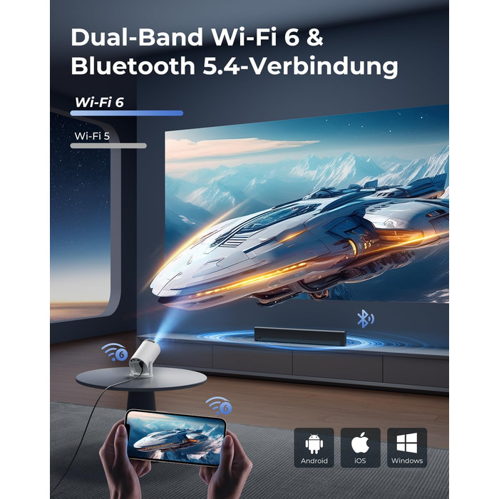 Mini проектор 4K Beamer з Android 14, WiFi 6 та Bluetooth 5.4 – 20000 Люмен, Автокорекція трапеції, Портативний кінотеатр для дому (білий, 15x11x18 см)
