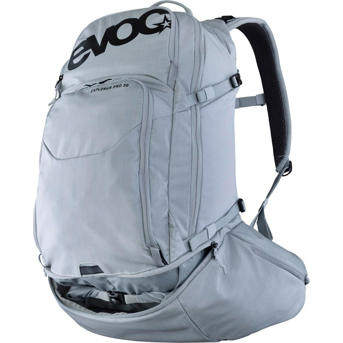 Рюкзак EVOC EXPLORER PRO 30 л срібний, система AIR FLOW CONTACT, AIRO FLEX пояс, відсік для питної системи та дощовик, комфортний міський та туристичний рюкзак преміум-класу