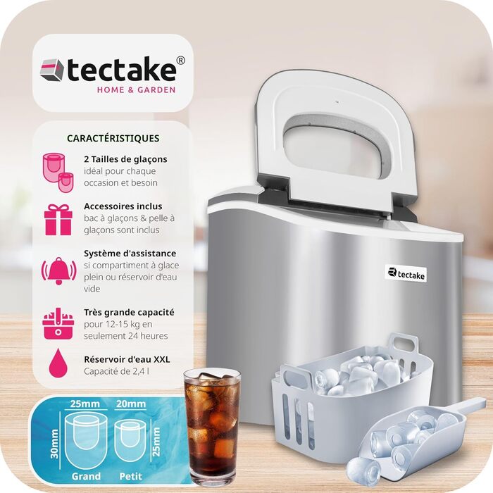 tectake® Льодогенератор, машина для приготування льоду 2,1 л, 12 кг/24 год, 9 кубиків за 6 хв, з лопаткою, для кухні та бару, чорний