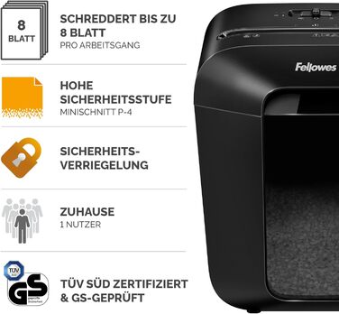 Fellowes шредер для документів, P4, чорний, 15л, для дому та офісу, знищення кредитних карт, 8 листів