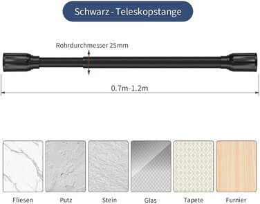 Телескопічна штанга для душової завіси SLIM, чорна, 70-120 см, без свердління