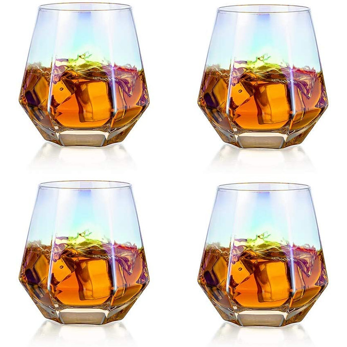 Набір з 4 склянoк Diamond Whisky, 300 мл, скло, сучасний дизайн, для віскі, бурбону, рому, для чоловіків і жінок, барний тумблер, райдужний