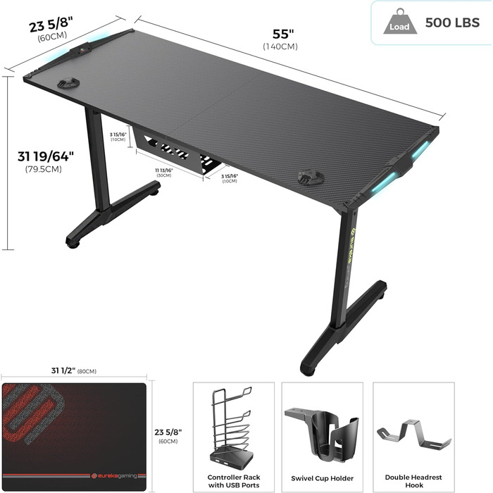 Ігровий стіл EUREKA ERGONOMIC з LED, 140x60 см. Стіл для геймерів з підсвіткою, органайзером для кабелів, тримачем для напоїв та навушників, чорний, X-Large