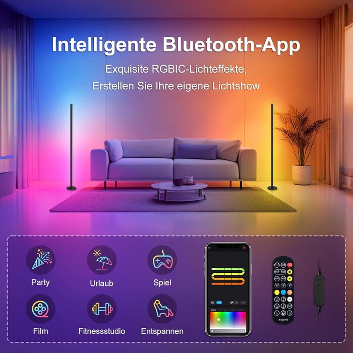 Світлодіодна підлогова лампа HANDSONIC RGBIC 140 см, чорна, знімна, для вітальні, з регулюванням яскравості, 16 мільйонів кольорів, управління через додаток, 180° освітлення, для геймінгу