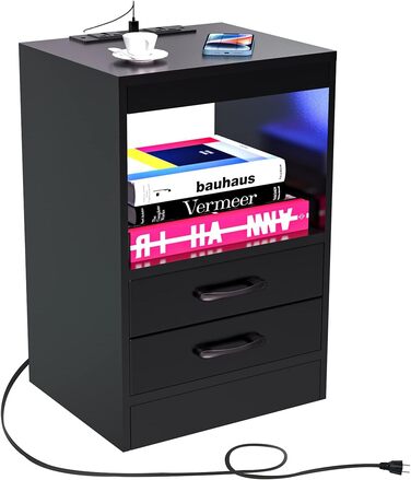 Прикроватна тумба Lvhecforhm з LED-підсвіткою, USB та розетками, чорна, з висувною шухлядою і відкритими полицями, 40x35x60 см