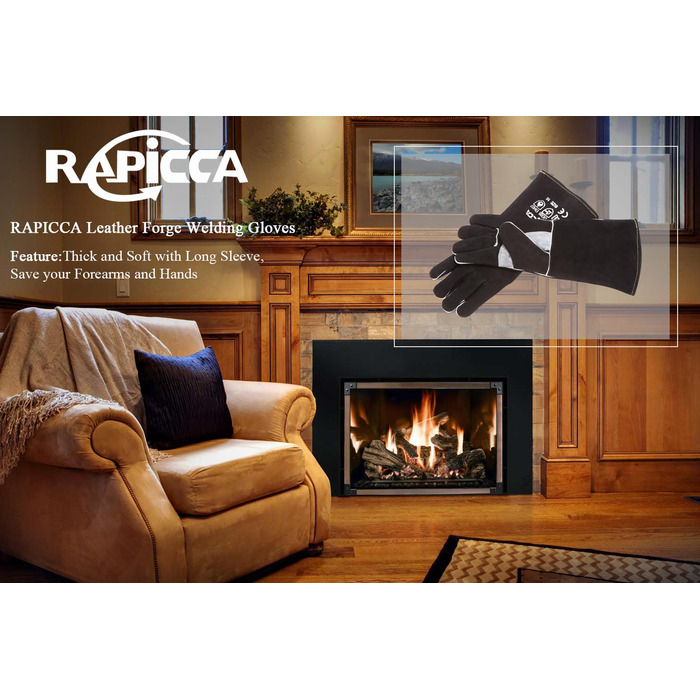 Захисні зварювальні рукавички RAPICCA з жаростійкої шкіри для MIG/TIG, ковальських робіт, гриля, каміну, печі, чорні, 40,6 см