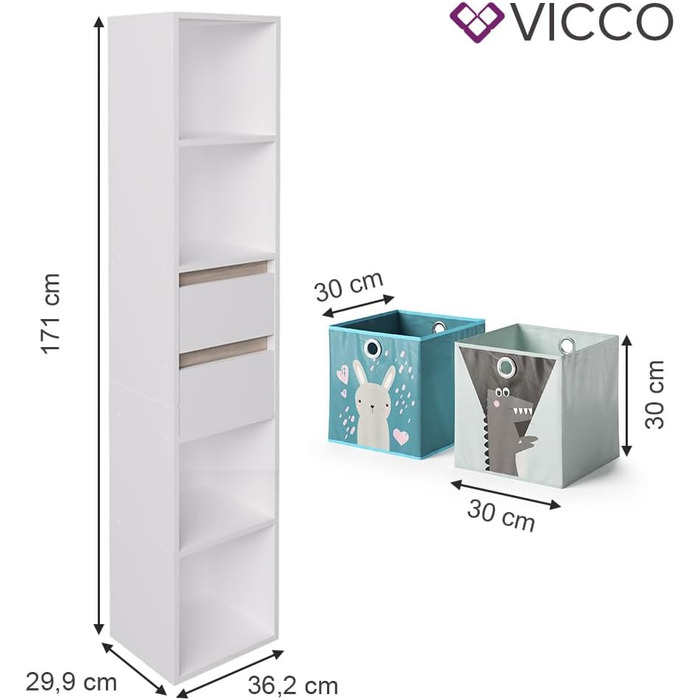 Дитячий стелаж Vicco Robert білий/сонома 36,2x171 см з кольоровими та сірими коробами для зберігання