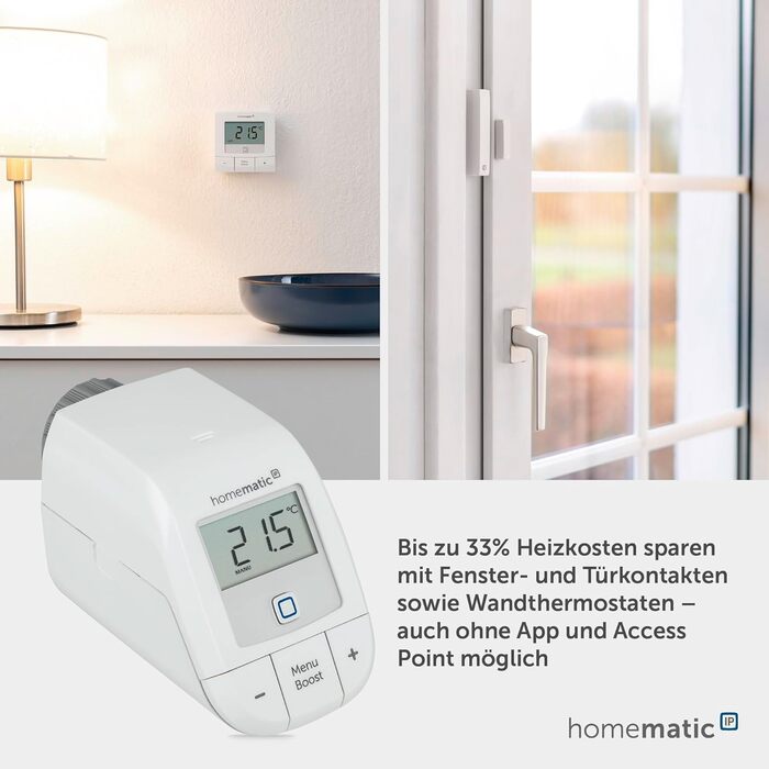 Homematic IP Термостат на радіатор Basic – Розумний дім, цифровий термостат для опалення, керування через додаток, сумісний з Alexa та Google Home, проста установка, економія енергії, 153412A3