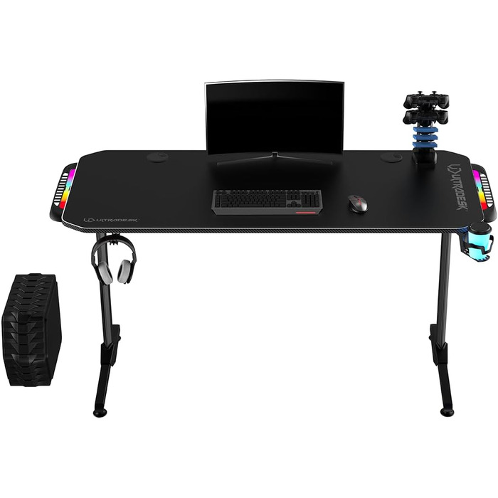 Ігровий стіл ULTRADESK FRAG V3 150x60 см, LED RGB підсвітка, сталева конструкція, для 2 моніторів, чорний, з аксесуарами