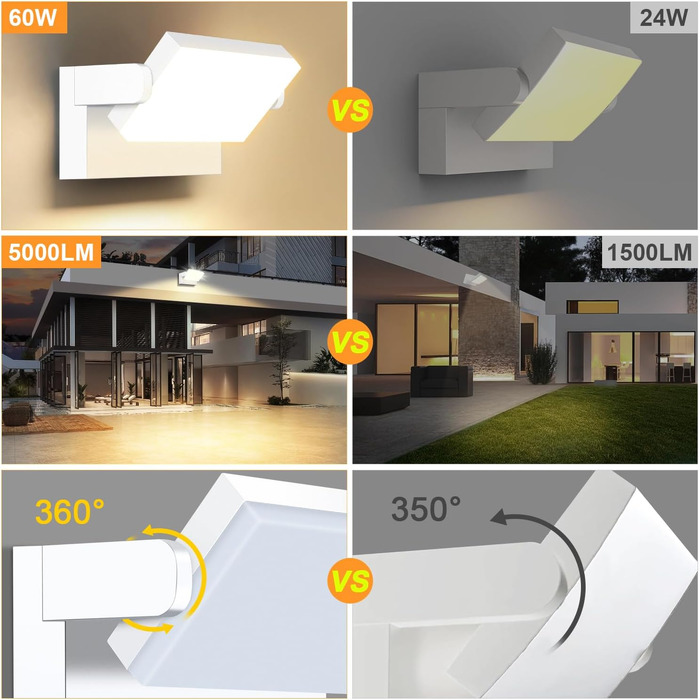 Набір LED стінових світильників ledmo 60W (4 шт), 360° панель, 5000 Лм, IP65 водонепроникні, тепле біле світло 3000K для вулиці та дому