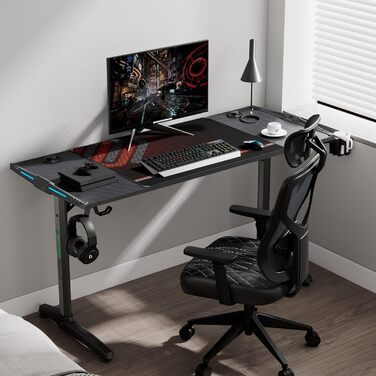 Ігровий стіл EUREKA ERGONOMIC з LED, 140x60 см. Стіл для геймерів з підсвіткою, органайзером для кабелів, тримачем для напоїв та навушників, чорний, X-Large