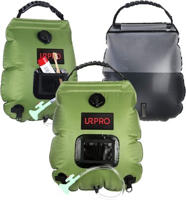 Сонячний душ URPRO 20 л, портативний, для кемпінгу, знімний шланг, нагрів води до 45°C, чорний, для туризму та літнього відпочинку