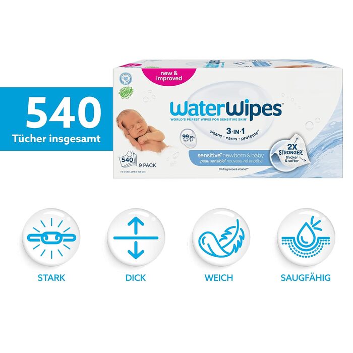 Дитячі вологі серветки WaterWipes Sensitive+ для новонароджених та чутливої шківи, 99,9% води, 6 пачок по 90 шт (загалом 540 шт)