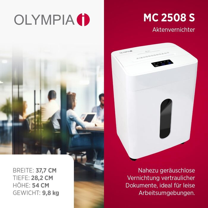 Шредер для паперу та кредитних карток Olympia MC 2508 S, знищення 10 аркушів, кошик 10 л, рівень секретності P4 (частки), білий