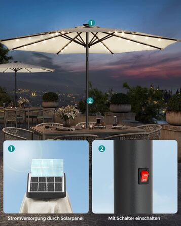Парасоля SONGMICS 300 см з LED-сонячним підсвічуванням, 32 LED-лампочки, UV-захист UPF 50+, нахил 30°, для саду, тераси, басейну, балкона, без основи, бежевий