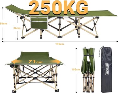 Складне польове ліжко Overmont 190x71x36 см, до 250 кг, 2400D Оксфорд, з бічною кишенею і сумкою, для кемпінгу, саду та офісу