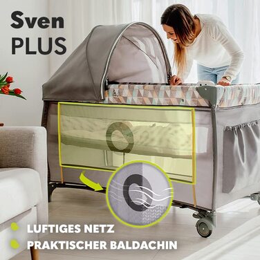 Ліжечко-манеж Lionelo Sven Plus 4-в-1 для немовлят, до 15 кг, з пеленальним столиком, москітною сіткою, вентиляційними боковинами, боковим входом, складне, з сумкою для транспортування