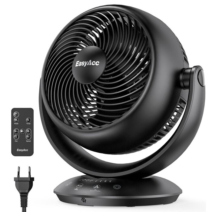 Вентилятор настільний EasyAcc тихий 25дБ з автоколиванням 90°, 3D-турбо, пульт, 3 швидкості, таймер 2-12 год, чорний