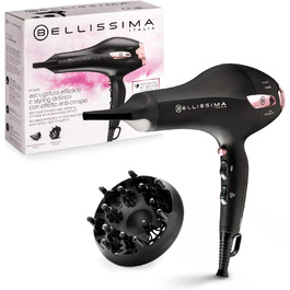 Фен Bellissima P7 3200 з іонізацією, 2100 Вт, професійний мотор, 2 швидкості, 3 температури, насадка-дифузор для локонів, холодне повітря, підсвічування, дорожній футляр, кабельний затискач