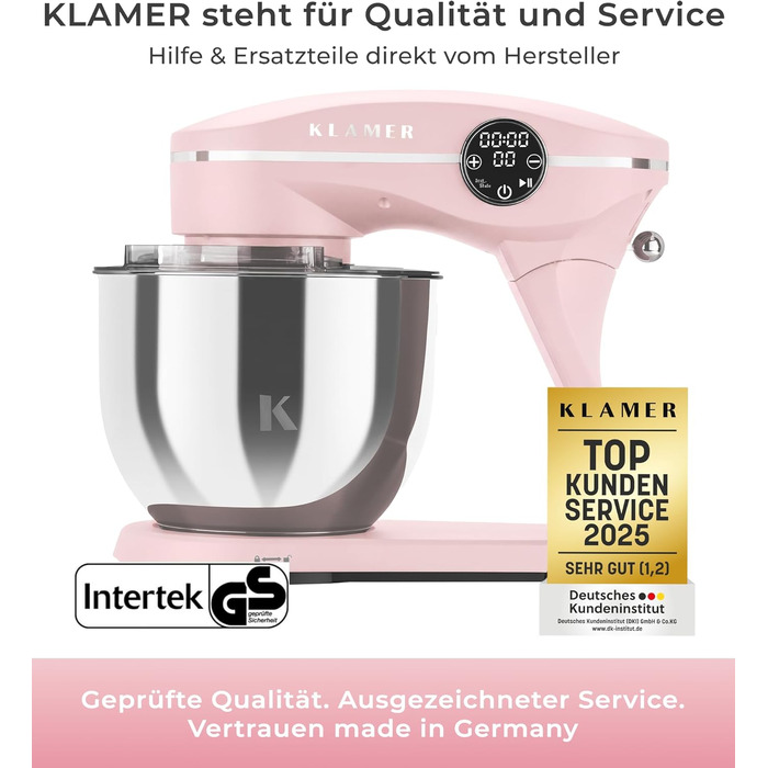 Кухонний комбайн KLAMER 1800W з чашею 6л з нержавіючої сталі, планетарний міксер для тіста з таймером, 10 швидкостей, набір насадок (гак, вінчик, міксер), колір Premium Pink