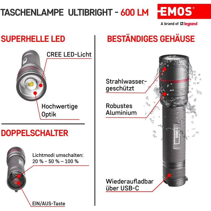 Ліхтарик EMOS акумуляторний CREE LED металевий з фокусом Ultibright 80, 3 режими, ударостійкий, водонепроникний, 600 люмен, до 230 м, з ремінцем і чохлом, для дому та вулиці, сірий