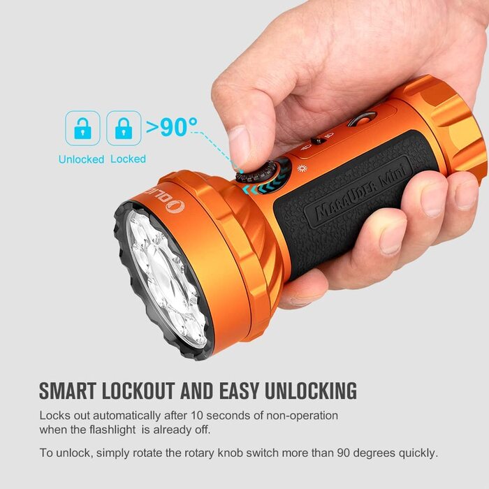 Ліхтарик OLIGHT Marauder Mini LED 7000 люменів, 600 м, перезаряджуваний, з дальнім і розсіяним світлом, 3 кольори LED, датчик відстані, для активного відпочинку, помаранчевий