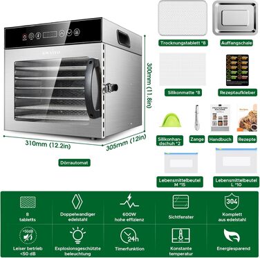Сушарка для продуктів Kwasyo Edelstahl 750W з 8 рівнями, цифровим таймером, регулюванням температури та захистом від перегріву