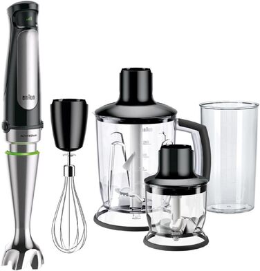 Блендер Braun MultiQuick 7 MQ 7045X, 1000 Вт, ручний, знімна нержавіюча ніжка, технологія ActiveBlade, набір з 4 насадок, чорний