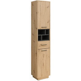 Високий шафа для ванної Vicco Beatrice, дуб артизан/антрацит, 38x190 см з дверцятами, шухлядою та відкритими полицями