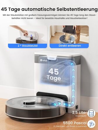 Робот-пилосос LEFANT M2 Plus з картографією, лазерною навігацією, 6000Pa, персоналізованим прибиранням, WiFi/App/Alexa, чорний (M2 Pro Grey)
