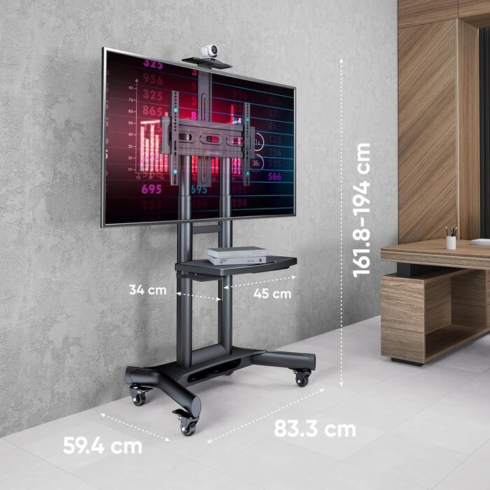 Професійна пересувна TV стійка ONKRON TS1551-B для телевізорів 40-70 дюймів, до 45,5 кг, регульована висота, VESA 600x400, чорна