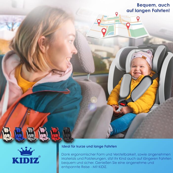 Дитяче автокрісло KIDIZ з Isofix, група 1/2/3, 9-36 кг, регульований підголівник, 5-точковий ремінь, сіре, для дітей 1-12 років