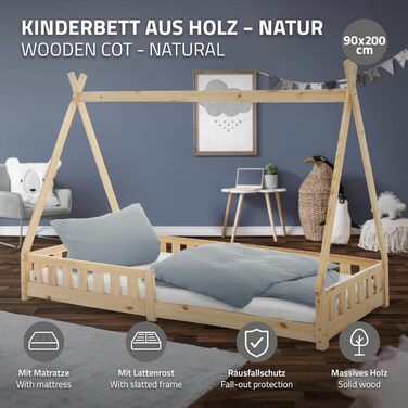 Дитяче ліжко-халапа Tipi ML-Design біле з бортиками та ламелями, з сосни, індіанське ліжко для дівчаток та хлопчиків, будиночок-ліжко з огорожею, ліжко-халапа для дітей та підлітків, ігрове ліжко-намет (90x200 см з матрацом (H: 10 см), натуральне дерево)