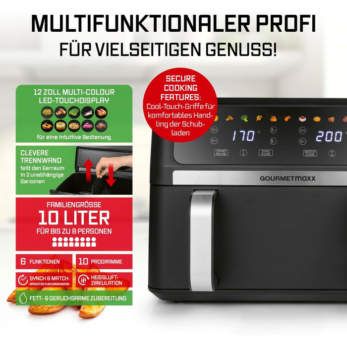 Аерофритюрниця GOURMETmaxx AirGenius 10Л з двома камерами (2x5Л), сенсорним керуванням та 10 програмами приготування, для 8 осіб
