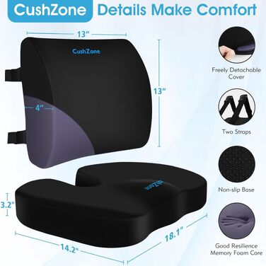 Подушка для сидіння CushZone з підтримкою попереку, чорна. Ортопедична подушка з піни Memory Foam для крісла, автомобіля, подорожей та інвалідного візка. Знімний чохол.