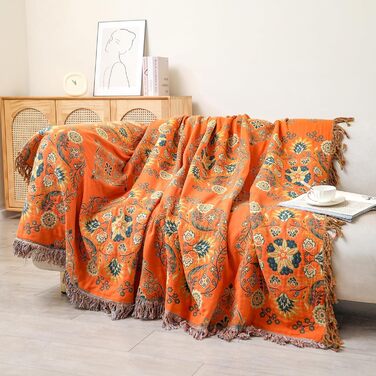 Двосторонній плед HOORDRY з бавовни Boho 150x200 см, покривало на ліжко, диван чи крісло, зелений та помаранчевий, з візерунком, для сну чи відпочинку