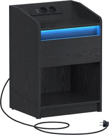 Приліжкова тумба Hzuaneri з LED-підсвіткою, USB і розетками, 1 шухляда, чорна, для спальні та вітальні